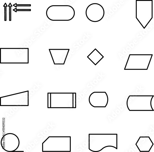 A collection of flowchart symbols featuring geometric shapes such as rectangles, ovals, diamonds, and arrows for process mapping, workflow design, and business planning