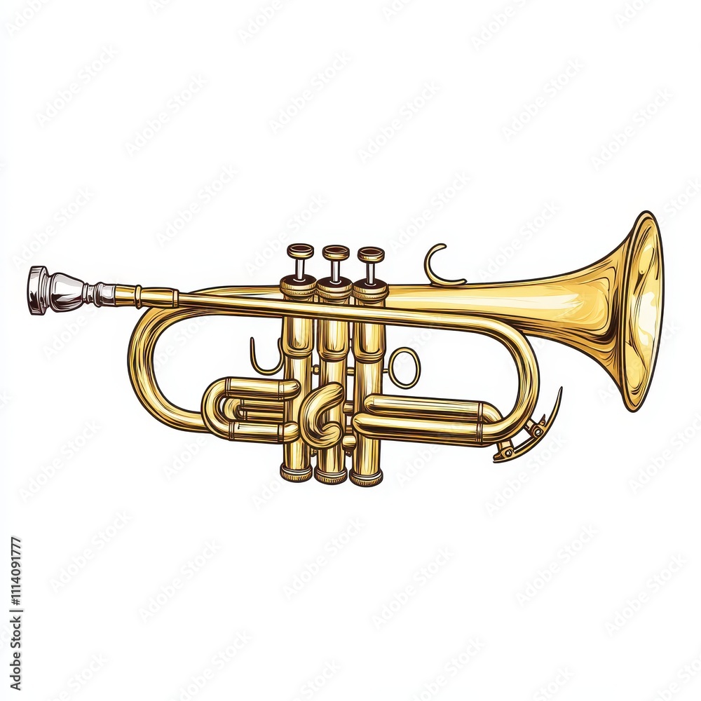 Obraz premium Brass cornet illustration showcasing a detailed front view, isolated on a white background for graphic applications.