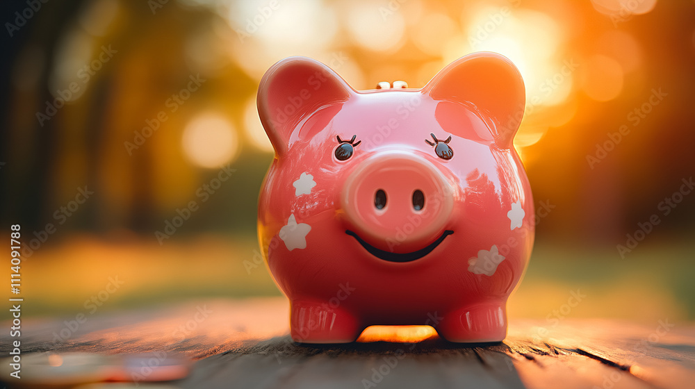 Obraz premium Cheerful piggy bank on a wooden table during sunset in a peaceful outdoor setting. Generative AI