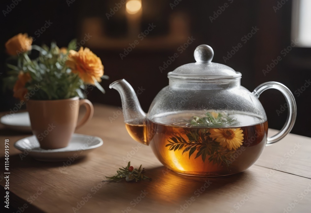 A glass teapot with aromatic tea sits gracefully on a wooden table A glass teapot with aromatic tea sits gracefully on a wooden table
