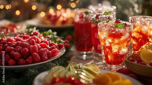 A festive holiday party table setting with bright decorations, focus on assorted appetizers and sparkling drinks photo