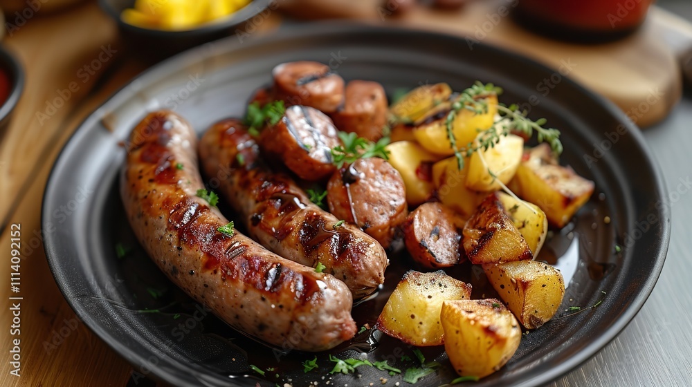 A plate of savory fast food vegan breakfast sausages A plate of savory fast food vegan breakfast sausages