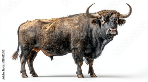 Powerful aurochs bull standing on a white background looking at us, farm animal breeding concept