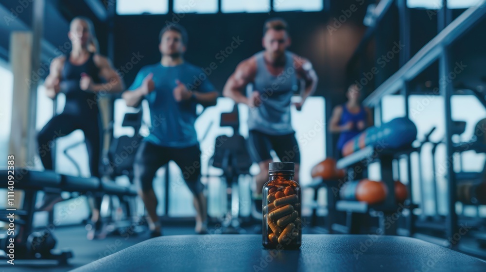 Fototapeta premium Dynamic Group Workout in Modern Gym Setting with Vitamins Highlighted