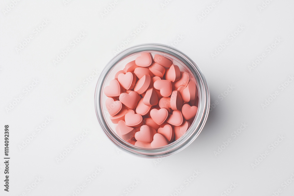 Pink heart shaped pills in a glass medicine jar on a white background. Advertisement of medicines for Valentine's Day. Pink heart shaped pills in a glass medicine jar on a white background. Advertisement of medicines for Valentine's Day.