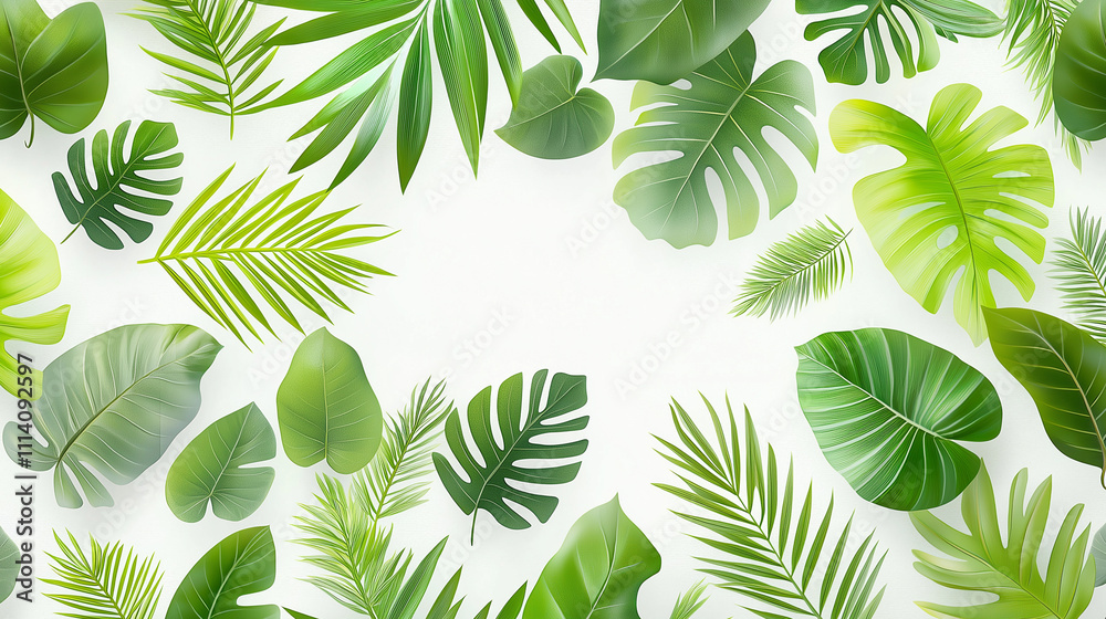Clean white background with scattered green palm Clean white background with scattered green palm