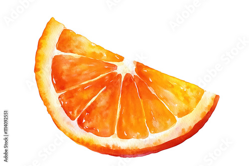 Detailed watercolor illustration of a juicy orange slice with bright colors and a realistic depiction of its pulp and rind. Isolated on transparent background, png.