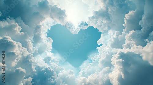 Dreamy cloud heart canvas wall, soft blues and whites, heart-shaped clouds floating in the sky 