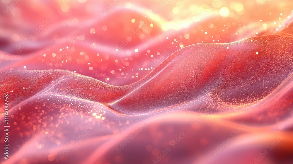 The background features waves of pink and red hues with glowing particles and a soft bokeh effect. The background features waves of pink and red hues with glowing particles and a soft bokeh effect.