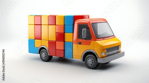 Colorful toy truck loaded with blocks against white background.