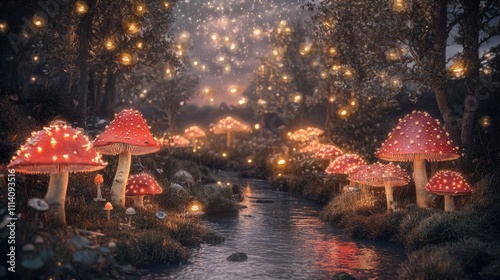 Enchanting stream in a magical forest with glowing mushrooms and fireflies. photo