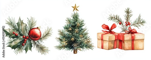 christmas tree decoration holly bell shine ornate party elegance snoflake watercolor happy new year isolated clipart holiday gift box decenber object festive winter pine photo