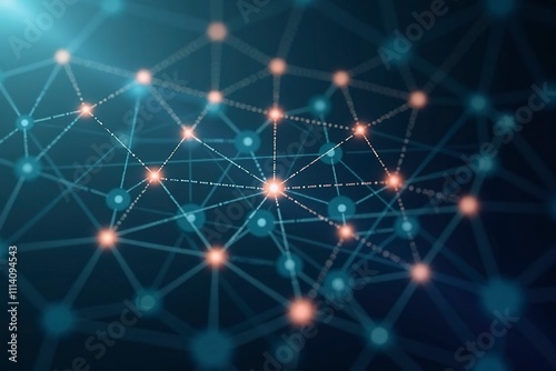 Complex web of interconnected nodes and lines forming a neural network illustration. Visual representation of artificial intelligence and machine learning concepts.
