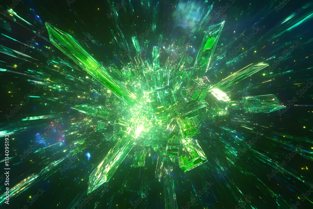 Naklejka premium Exploding green crystal cluster, abstract 3D render, vibrant energy, futuristic design, glowing shards, dark background, dynamic motion.