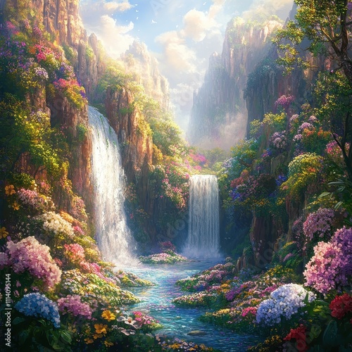 A beautiful paradise land full of flowers, rivers and waterfalls, a blooming and magical idyllic Eden garden.
