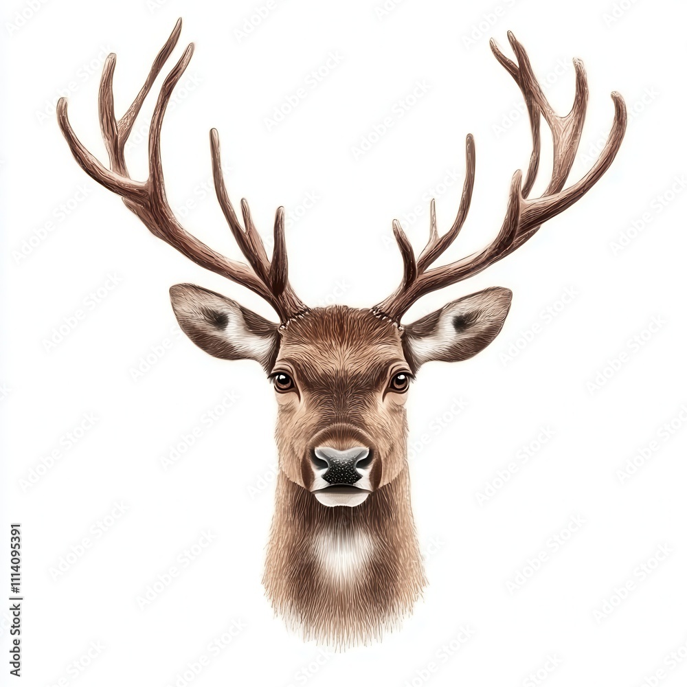 Detailed front view illustration of a reindeer with majestic antlers and expressive eyes, isolated on a white background, ideal for holiday themes. Detailed front view illustration of a reindeer with majestic antlers and expressive eyes, isolated on a white background, ideal for holiday themes.
