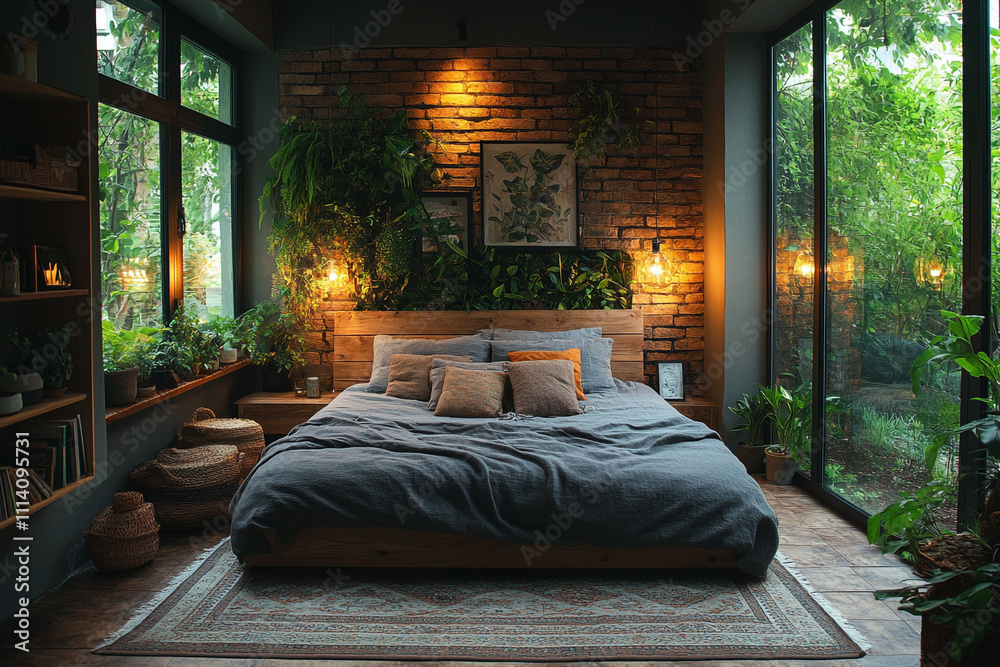 Serene Bedroom Design With Lush Greenery And Warm Lighting