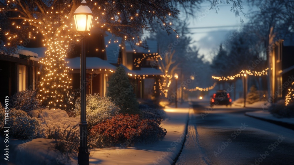 Cozy Winter Evening Street with Festive Lights and Snow Cozy Winter Evening Street with Festive Lights and Snow