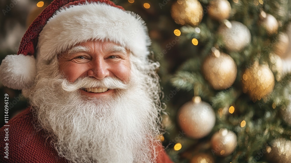Santa claus smiling near christmas tree with golden ornaments Santa claus smiling near christmas tree with golden ornaments