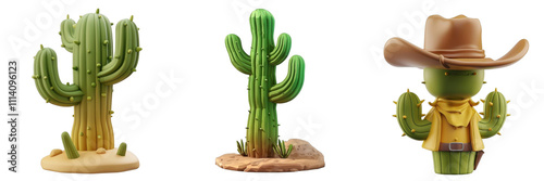 3d render cowboy cactus isolated on transparent background Cartoon Illustration in plastic style