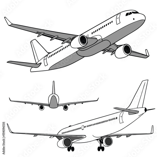 Passenger airplanes realistic set on transparent with airliners in different point of view isolated
