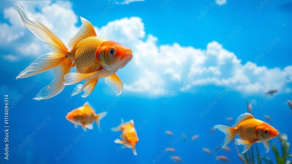Fototapeta premium Close up of a vibrant goldfish swimming in an aquarium surrounded by lush green plants under a clear blue sky with fluffy clouds, swimming, aquarium, blue sky