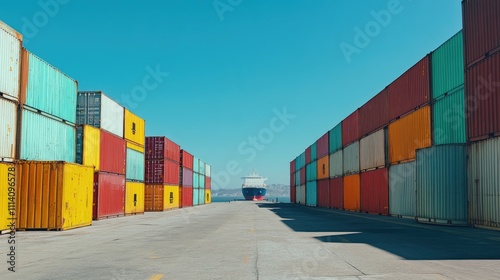 Wallpaper Mural Cargo ship departing a dock, colorful containers stacked neatly, distant horizon visible under a clear sky, [shipping yard], [global commerce] Torontodigital.ca