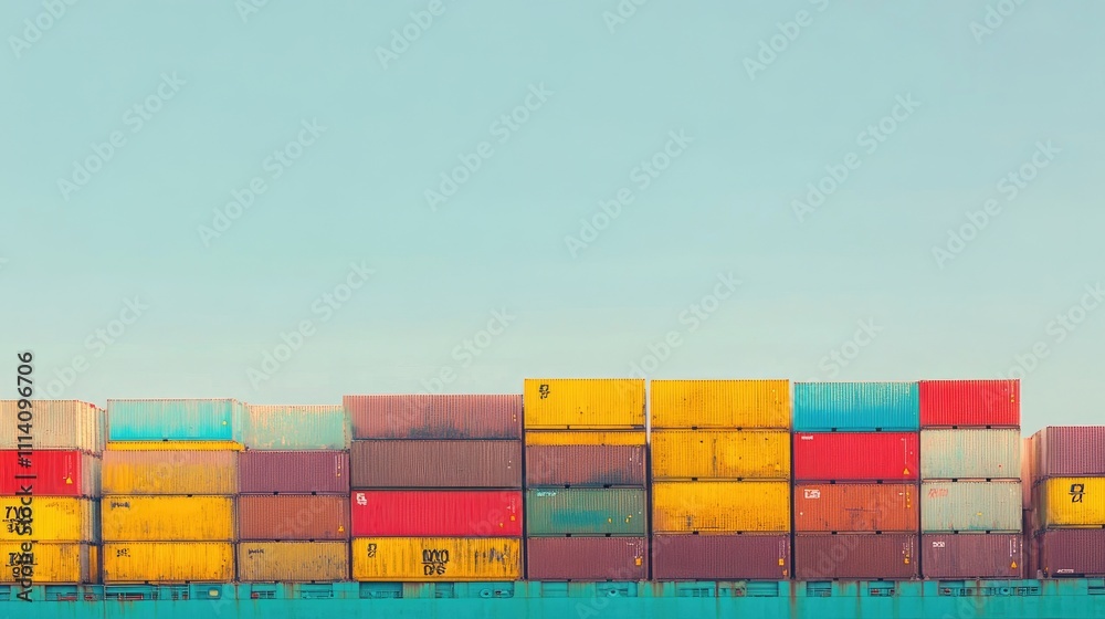 Fototapeta premium Cargo ship departing a dock, colorful containers stacked neatly, distant horizon visible under a clear sky, [shipping yard], [global commerce]