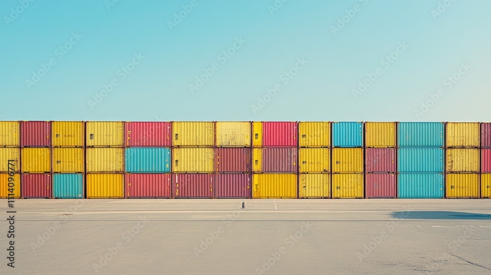 Obraz premium Cargo ship departing a dock, colorful containers stacked neatly, distant horizon visible under a clear sky, [shipping yard], [global commerce]