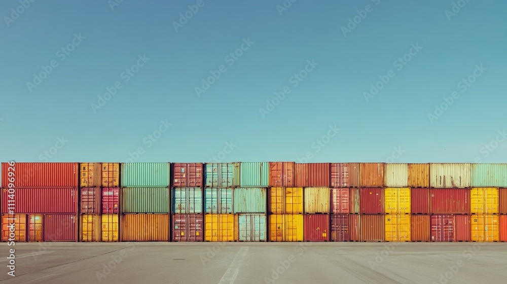 Obraz premium Cargo ship departing a dock, colorful containers stacked neatly, distant horizon visible under a clear sky, [shipping yard], [global commerce]