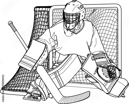 Hockey Kid Goalie 1, Youth Hockey Goalkeeper, line drawing illustration, white black sticker file, detailed vector EPS 