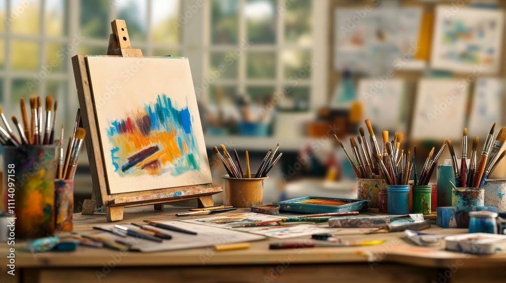 Creative artist's desk with hand tools, paintbrushes, and colorful paints Creative artist's desk with hand tools, paintbrushes, and colorful paints