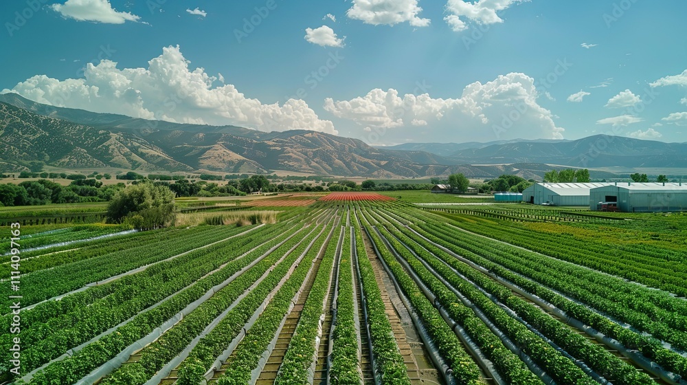 Expansive Agricultural Field with Rows of Crops and Distant Mountains
