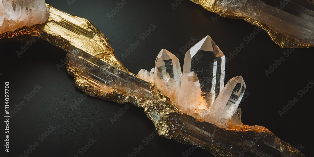 Close-up of shimmering quartz crystals on black background. Close-up of shimmering quartz crystals on black background.