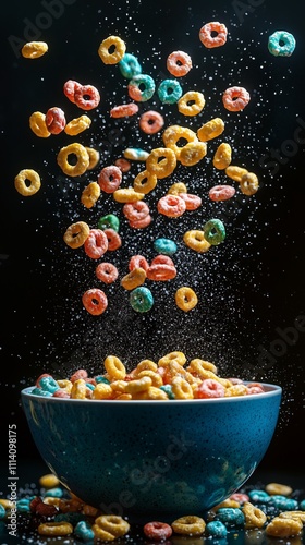 Colorful Cereal Flakes Flying in Mid-Air Above Bowl photo