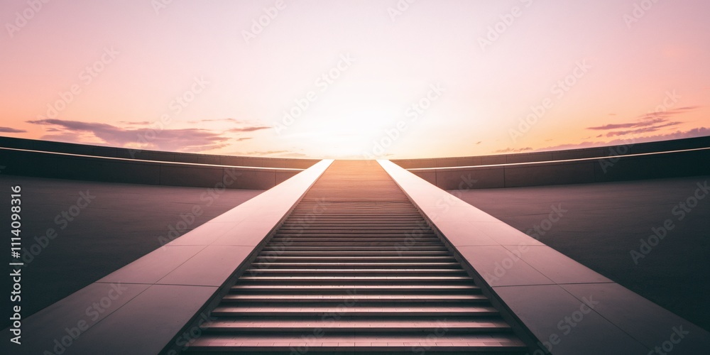 A serene stairway ascending towards a glowing horizon under a pastel sky, symbolizing hope, progress, and infinite possibilities in a tranquil setting. A serene stairway ascending towards a glowing horizon under a pastel sky, symbolizing hope, progress, and infinite possibilities in a tranquil setting.