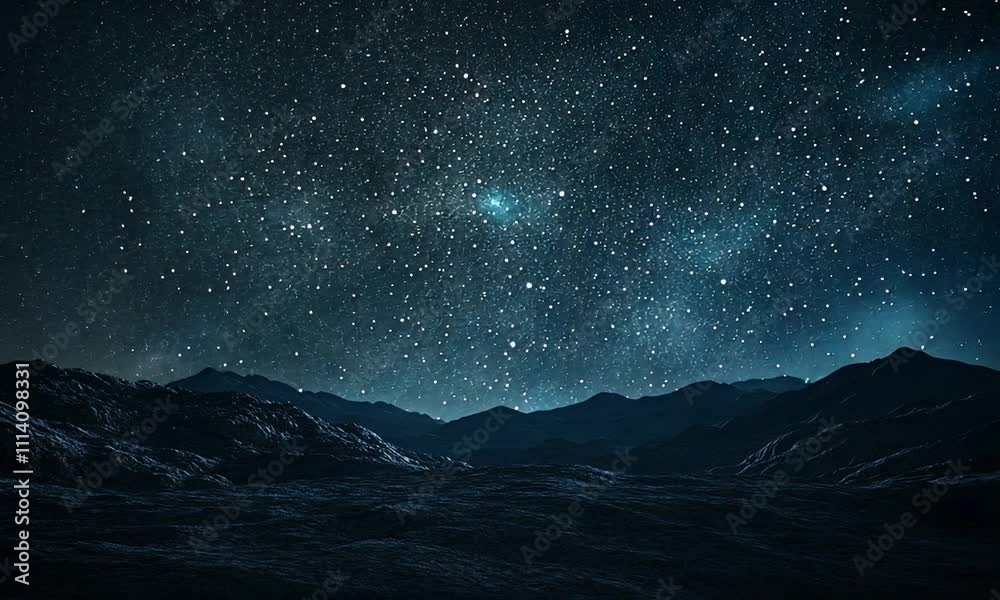 A serene night landscape featuring a starry sky over dark mountains and a tranquil foreground, evoking a sense of wonder and exploration.