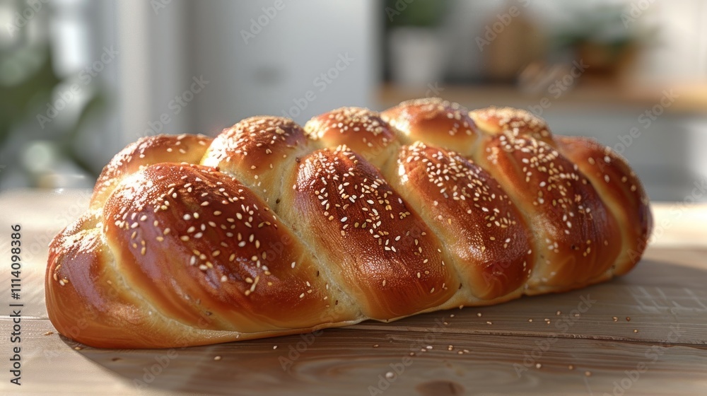 A freshly baked braided bread loaf with a golden crust and sesame seeds on top. A freshly baked braided bread loaf with a golden crust and sesame seeds on top.