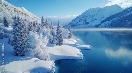 Winter Wonderland Lake Scenery with Snowy Mountains photo
