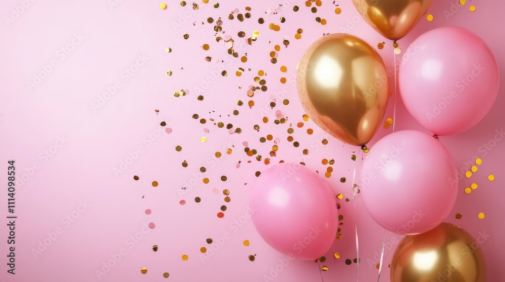 Celebration banner with gold confetti and balloons Celebration banner with gold confetti and balloons
