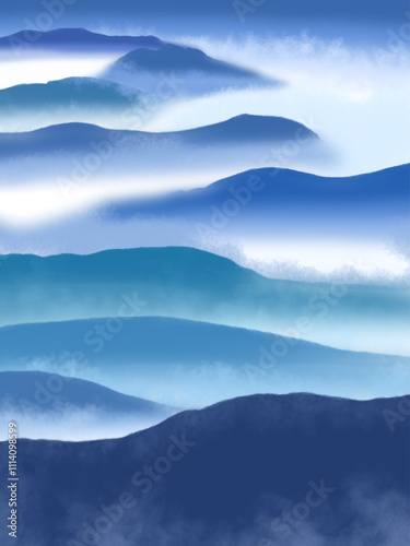 A Procreate painting of layered mountains