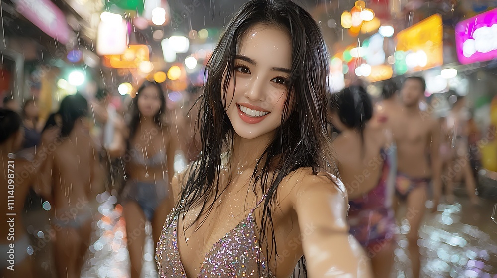 The beautiful Asian woman takes a selfie on a vibrant downtown street, surrounded by glowing neon signs and bustling nightlife, her glittering sequin dress reflecting the colorful lights. The The beautiful Asian woman takes a selfie on a vibrant downtown street, surrounded by glowing neon signs and bustling nightlife, her glittering sequin dress reflecting the colorful lights. The
