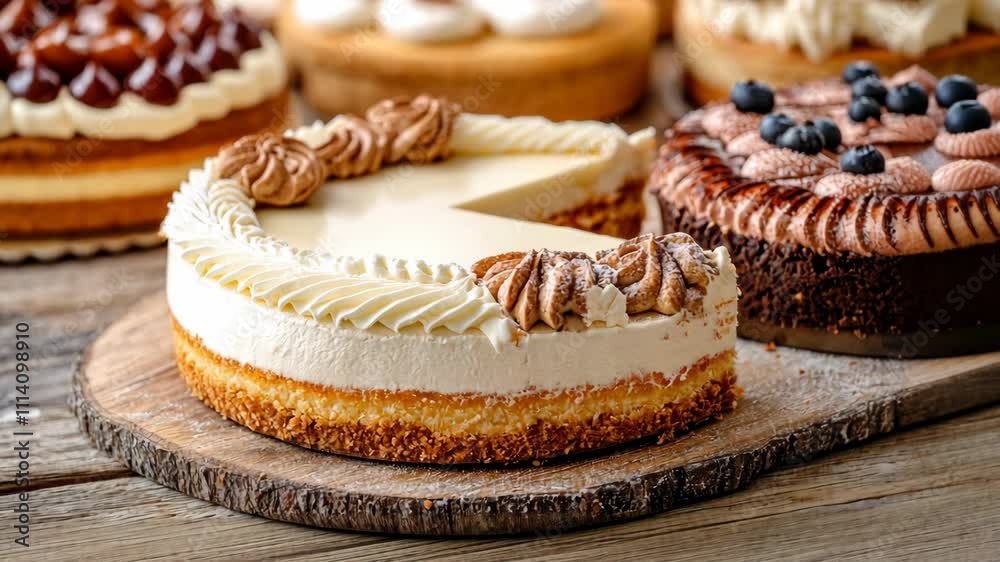 Delicious selection of creamy cakes displayed on a rustic wooden surface at a dessert table