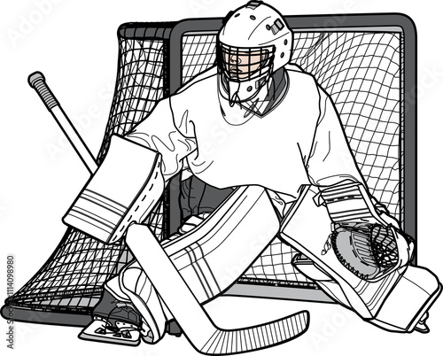 Photography Hockey Kid Goalie 1, Youth Hockey Goalkeeper, color line drawing illustration, c