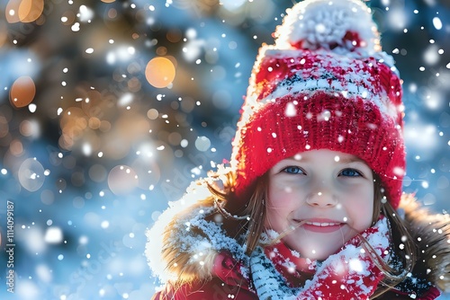 Child's Joyful Winter Wonderland Experience: A Captivating Snowy Day Adventure with Festive Red Outfit, Embracing the Magical Season's Delightful Atmosphere.