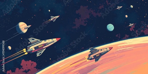 Fototapeta Naklejka Na Ścianę i Meble -  Colorful retro-futuristic space wallpaper with vintage abstract galaxy illustration featuring planets and spaceships flying through the galaxy, spaceships, abstract, futuristic