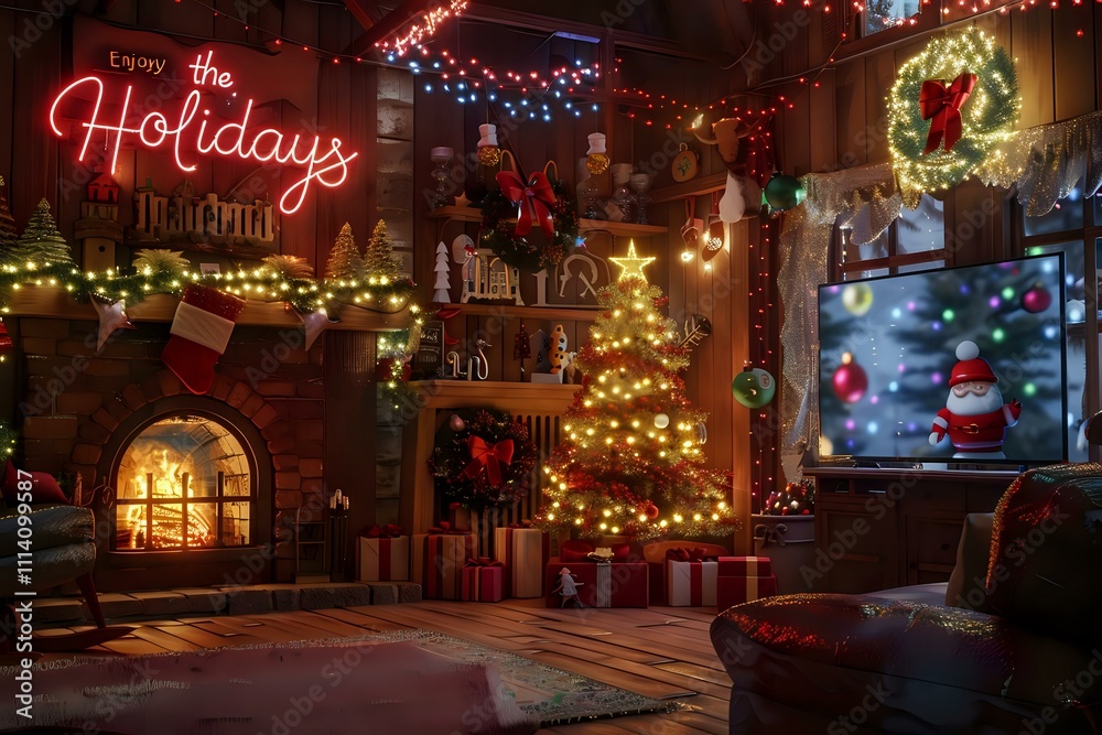 Cozy Holiday Cabin: Fireplace Crackles, Christmas Tree Gleams, Festive Decorations Adorn the Room, Presents Underneath, Enjoy the Magical Holiday Atmosphere with Festive Lights. Cozy Holiday Cabin: Fireplace Crackles, Christmas Tree Gleams, Festive Decorations Adorn the Room, Presents Underneath, Enjoy the Magical Holiday Atmosphere with Festive Lights.