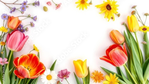 Colorful tulip flowers creating a botanical border frame for Easter, with copy space in the middle, against a white background, celebrating the spring season, border, colorful, copy space