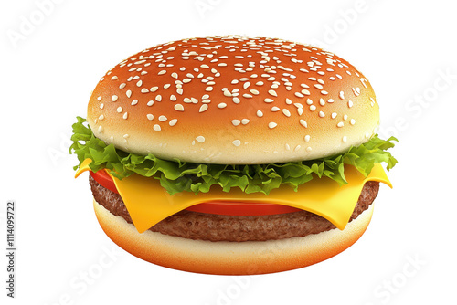 A delicious cheeseburger featuring sesame seed bun, lettuce, tomato, and melted cheese over a juicy beef patty.