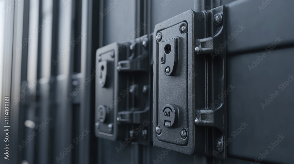 Close-up of container locks and serial numbers, highlighting security and identification, [cargo containers], [detail and design]
